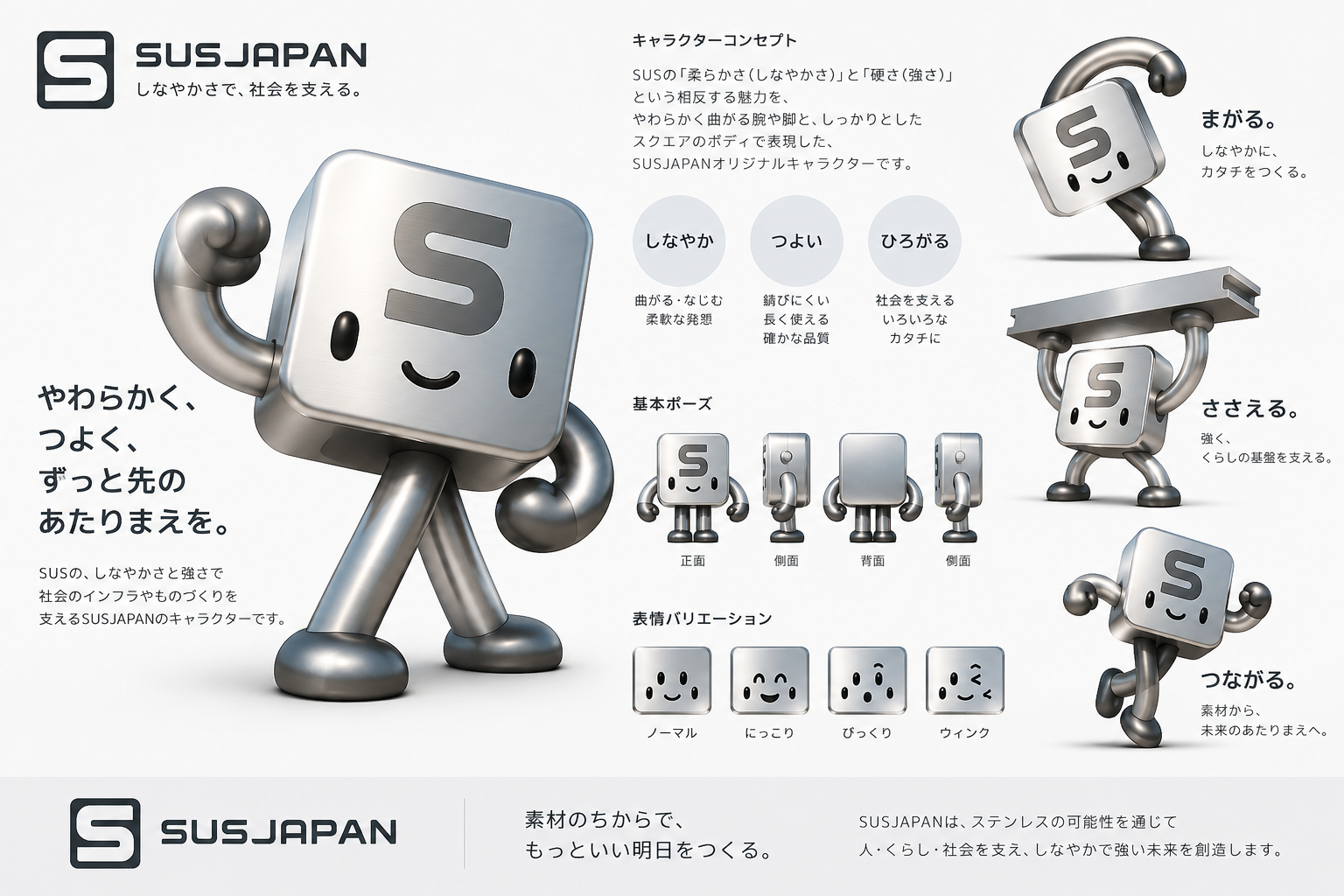 SUSちゃんのキャラクターデザイン。基本ポーズ、表情、まがる・ささえる・つながる姿の紹介